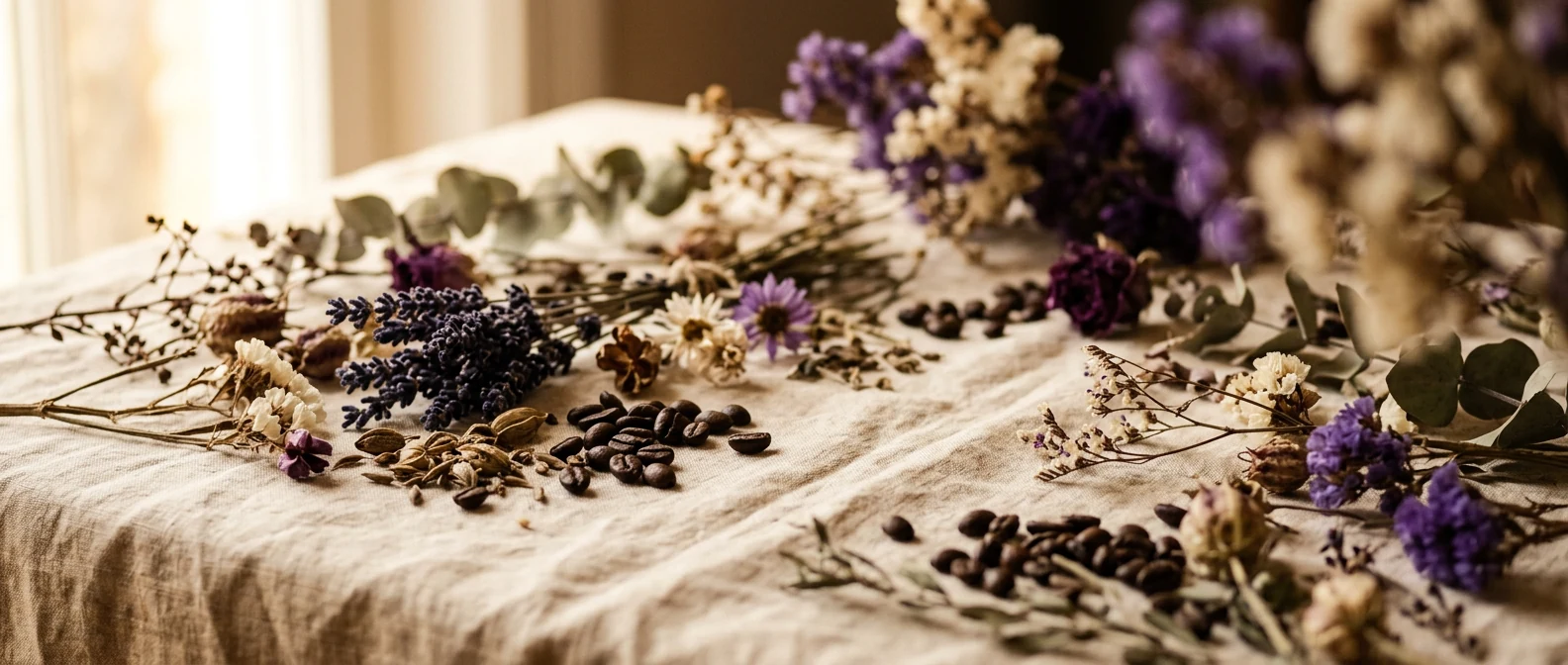 Warm botanical background with coffee beans and dried herbs