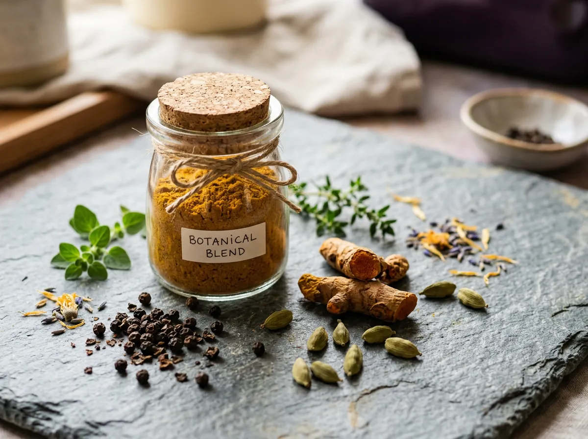 Close-up of plant powder in glass jar with whole spices - zinc macronutrient metabolism supplement
